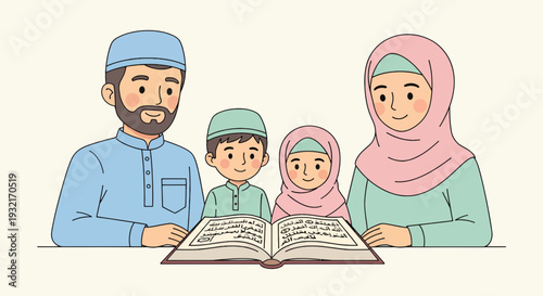Cartoon Muslim family reading Quran together with happy expressions wearing traditional clothes and head coverings in vector art