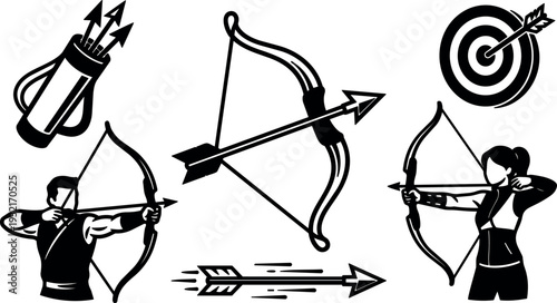 Line art vector showing male archer and female archer drawing bows side view poses aiming at target with arrows motion