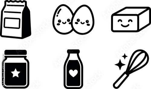 Line art baking icons set with smiling eggs butter whisk milk bottle jar and flour bag flat minimal kitchen vector