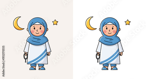 Cartoon Muslim girl with hijab holding prayer beads with moon and star vector illustration for Ramadan Kareem greeting card design