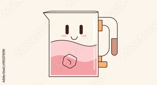 Cartoon pink drink in glass pitcher with ice cube smiling face kawaii style cute beverage illustration for cafe menu and fun product design