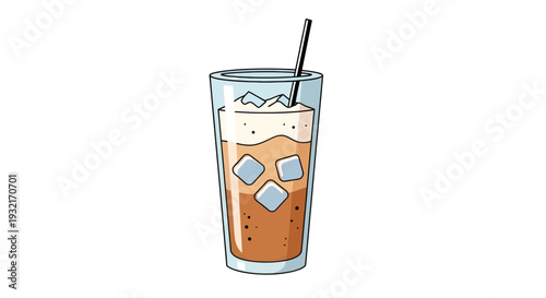 Cartoon-style iced coffee illustration in a clear glass with ice cubes and straw against a clean white backdrop perfect for menus