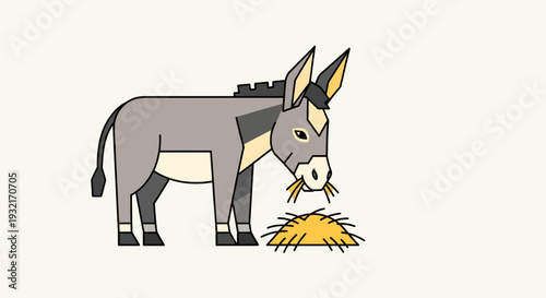 Cartoon style geometric donkey eating hay; stylized farm animal vector illustration for children's educational resource in beige background