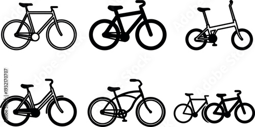 Flat design set of six black bicycle icons including road mountain folding and tandem silhouettes isolated on white vector sheet