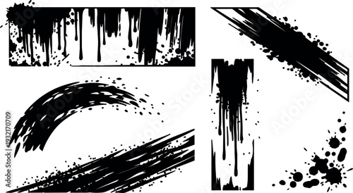 Grunge brush stroke vector set with ink splatter and bold dry paint marks close up high contrast composition horizontal vertical