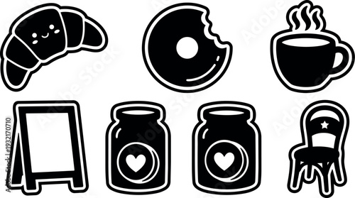 Flat sticker vector close up bakery icon set croissant bitten donut steaming coffee cup chalkboard sign jam jars wooden chair