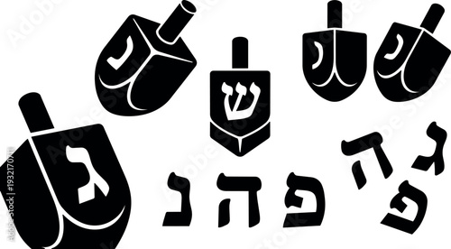 Flat vector hanukkah dreidel close up spinning wooden top with hebrew letters arranged on white background festive simple silhouette playful