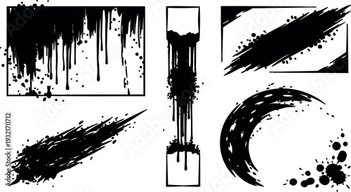 Grunge brush stroke set close up ink splatter textures isolated on white background bold high contrast graphic vector elements collection