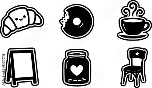 Hand drawn sticker style cafe icon set croissant bitten donut coffee cup chalkboard sign mason jar with heart chair seat