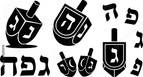 Flat design dreidel icon set showing hebrew letters on spinning toys multiple angles isolated black vector silhouettes traditional hanukkah symbols