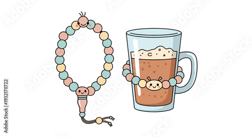 Cartoon-style illustration of a beaded bracelet with a cute face adorning a coffee mug showcasing whimsical design and drinkware decor