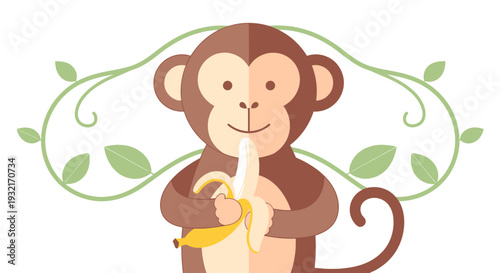 Cartoon style monkey peeling a banana framed by green leafy vines on a white background suitable for children's illustration and design projects