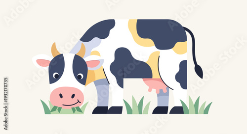 Cartoon style vector art of a cow grazing in the grass on a light background perfect for children's illustration and educational materials