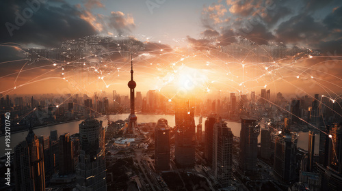 Skyline of Shanghai, China, showcases stunning sunset with network of connections symbolizing global communication. vibrant colors and cityscape evoke sense of innovation and progress