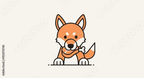 Cartoon style orange Shiba Inu dog clutching a bone with paws playful vector art on a white background for kids design elements and prints