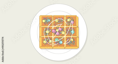 Cartoon waffles with marshmallows and colorful sprinkles on a white plate overhead view sweet breakfast dessert illustration