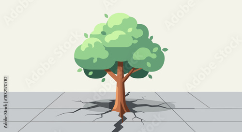 Cartoon tree growing through cracked pavement illustration; vibrant green foliage and sturdy brown trunk in stylized vector art