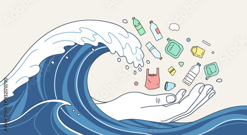 Cartoon wave holding plastic waste: environmental pollution in ocean; hand saves sea from trash and plastic bottles; water ecology