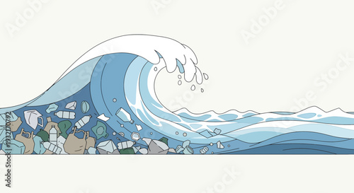 Cartoon wave filled with plastic trash pollution in ocean illustration; marine debris and environmental hazard concept