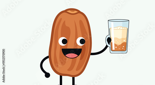 Cheerful date fruit cartoon character holding a foamy drink in a glass with handle isolated on white; fun food mascot for healthy eating promotion
