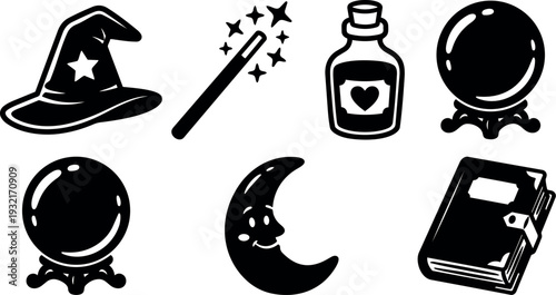 Tattoo flash black magic icon set close view with witch hat wand potion crystal ball crescent moon grimoire spellbook vector