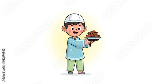 Cheerful Muslim boy holding plate of dates cartoon vector illustration in flat design for Islamic holiday celebration and religious fasting