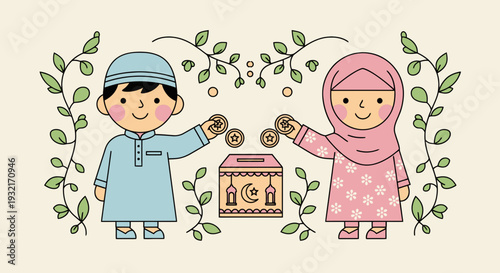 Cheerful Muslim children donating money into zakat box vector illustration in cartoon style light beige backdrop with leaves and coin
