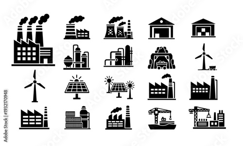 Industry and Renewable Energy Icon Set – Factory, Power Plant, Solar and Wind Silhouette Collection