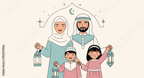 Cheerful Muslim family celebrating Eid al-Fitr with traditional lanterns wearing cultural attire and smiling in a vector illustration