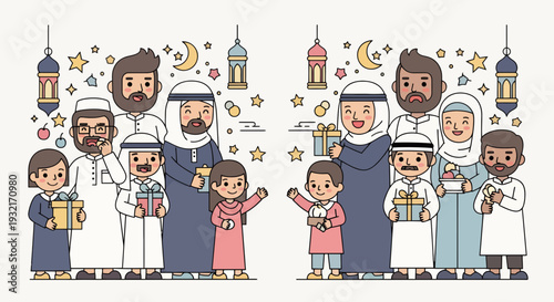 Cheerful Muslim family celebrating Eid al-Fitr with gifts wearing traditional clothing in a flat vector illustration style