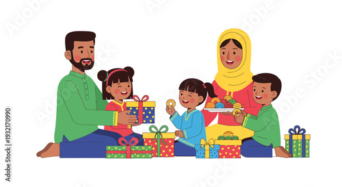 Cheerful Muslim family celebrating Eid al-Fitr with gifts and sweets illustration in vibrant colors expressing joy and togetherness