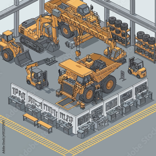 Isometric illustration of heavy machinery in a warehouse with office space.
