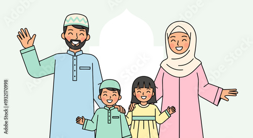 Cheerful Muslim family illustration with smiling parents and children wearing traditional clothing in front of a mosque design