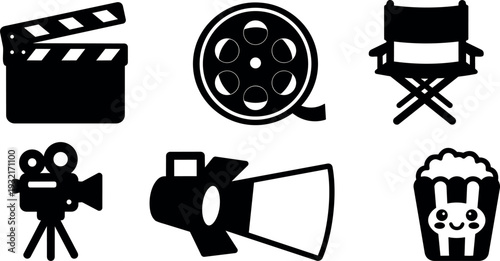 Flat design set of six black cinema icons including clapperboard reel chair camera spotlight popcorn