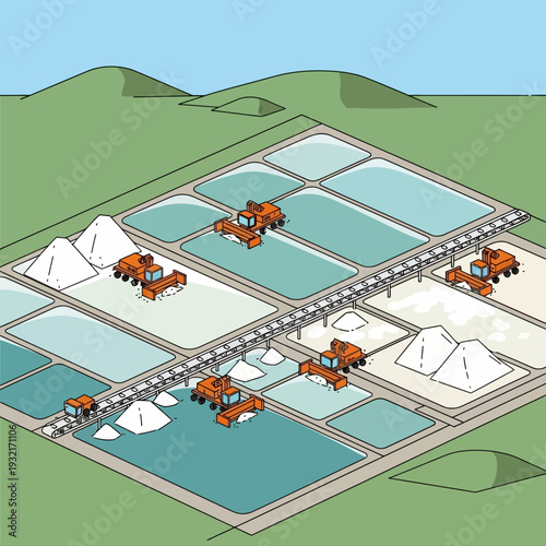 Salt production facility with machinery and storage ponds.