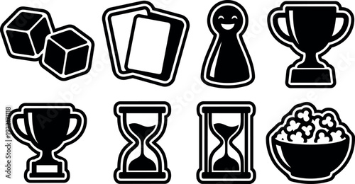 Flat sticker style game icons dice cards pawn trophies hourglass popcorn bowl close up top view bold monochrome vector silhouette