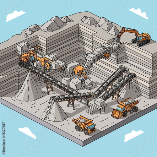 Isometric illustration of a quarry with heavy machinery and conveyor belts.