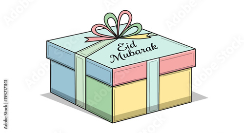 Colorful gift box vector illustration for Eid Mubarak celebration; Islamic holiday present with ribbon and typographic greeting in cartoon style