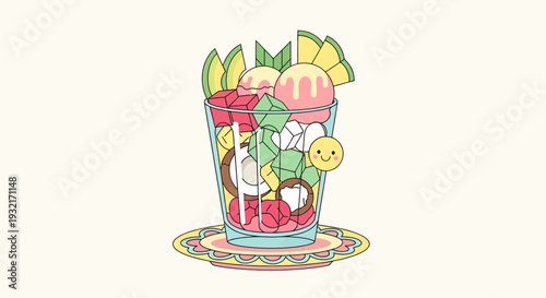 Colorful halo-halo dessert illustration featuring fruit chunks ice cream and smiley face in a glass on a decorative plate playful vector design
