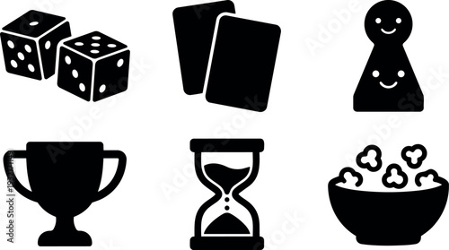 Minimalist flat game icons set with dice cards pawn trophy hourglass and popcorn bowl on white background solid black vector