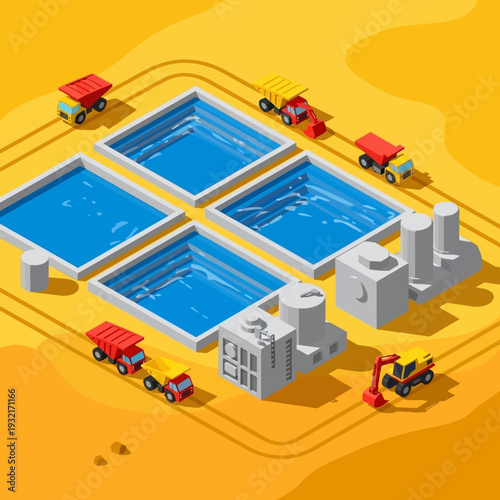 Isometric View of Water Treatment Plant with Trucks and Machinery.