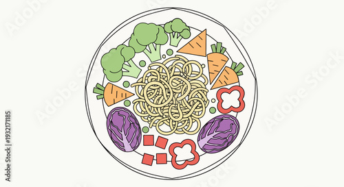 Colorful noodle bowl featuring fresh broccoli carrots red cabbage and bell peppers against a clean white background