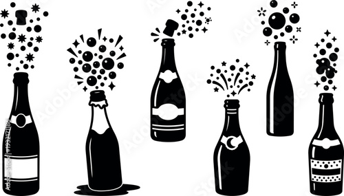 Flat design silhouette close up champagne bottles popping corks with bubbly spray celebration party festive mood monochrome vector art