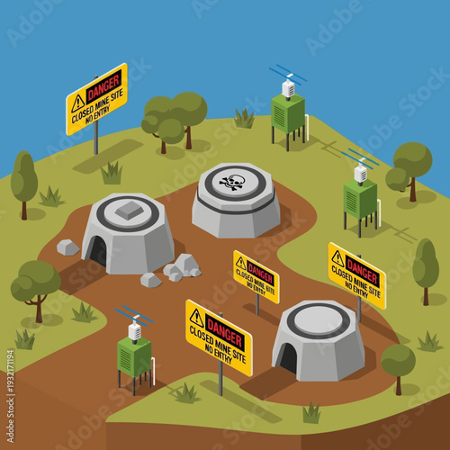 Nuclear bunkers on a hill with warning signs and security cameras.