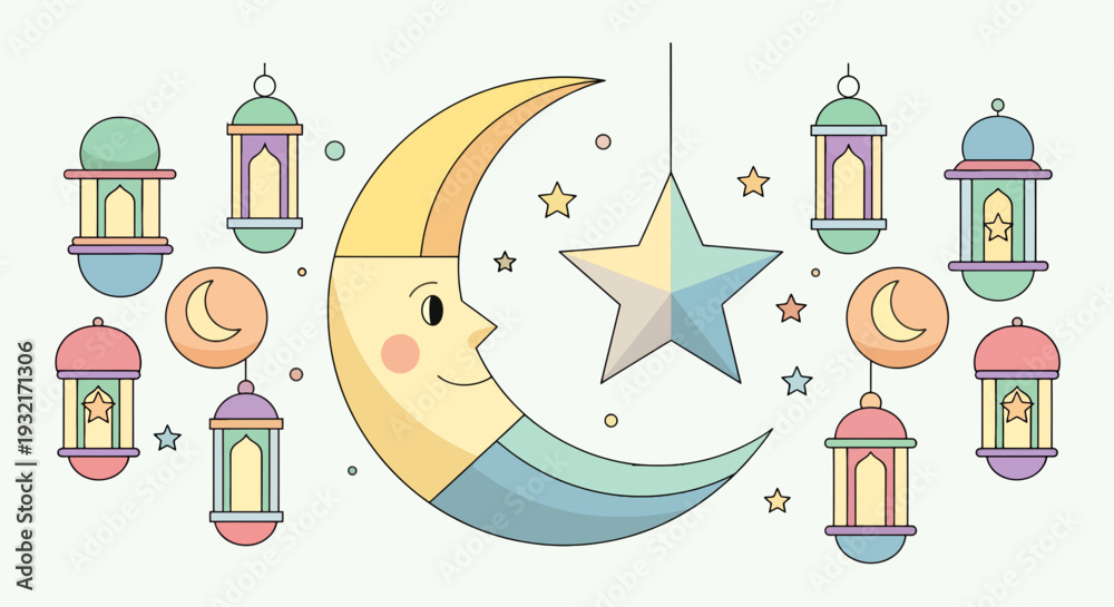 Obraz premium Crescent moon character with star lantern and Ramadan lamps illustration for Eid Mubarak celebrations in soft pastel colors