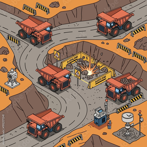 Mining Operation with Dump Trucks and Excavation Equipment.