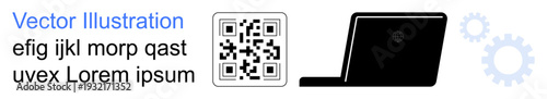 Digital security, data sharing, information technology, coding, business, innovation. QR code near laptop and gears. Digital security and data sharing concept