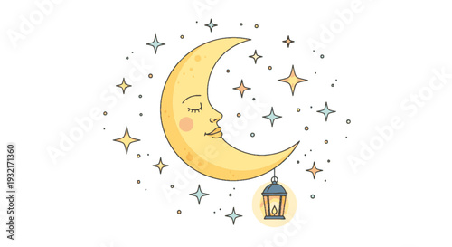 Crescent moon with closed eyes illustration hanging lantern twinkling stars in night sky dreamy celestial artwork vector design