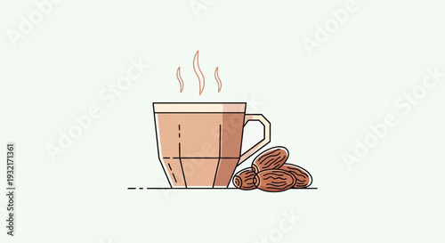 Cup of hot drink with dates vector illustration; minimalist food art with coffee; tea and sweet snack; traditional Middle Eastern hospitality