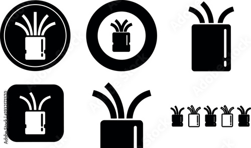 Minimalist icon set showing scallion bundle in circular and square badges multiple silhouettes close up simple black vector flat group